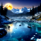 Snowy mountains under luminous full moon reflecting in blue river