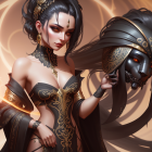 Fantasy artwork of woman with mask in black and gold armor