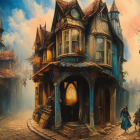 Fantasy village at dusk: stylized houses, full moon, enchanted paths.