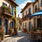 European Village Cobblestone Street with Colorful Houses and Flowers