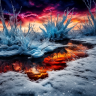 Scenic snowy landscape with vibrant sunset and frost-covered plants