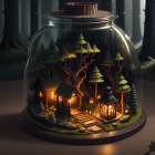 Miniature forest in glass terrarium with serene woodland scene