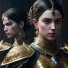 Digital Artwork: Two Women in Golden Armor with Blue Eyes, Braided Hair, and Reflective