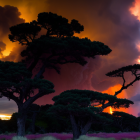 Orange clouds over silhouetted trees and rocky landscape at twilight