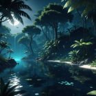 Moonlit Tropical Jungle with Calm River and Lush Foliage