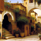 Sunlit pedestrian alley with old stone buildings, arches, green plants, and ceramic pots