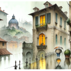 Rainy Street Scene Watercolor Painting with Umbrellas, Bicycle, Plants, and Vintage Houses