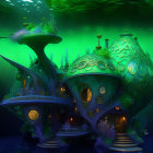 Whimsical green and purple underwater structure with fairy in enchanting scene