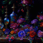 Colorful still life with ornate vases, flowers, and fruits on dark background