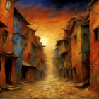 Old Cobblestone Street with Tilting Orange Buildings at Sunset