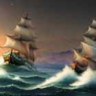 Sailing ships with billowing sails on turbulent seas under dramatic sunset sky