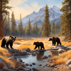 Mother bear and two cubs by stream in snowy mountain forest