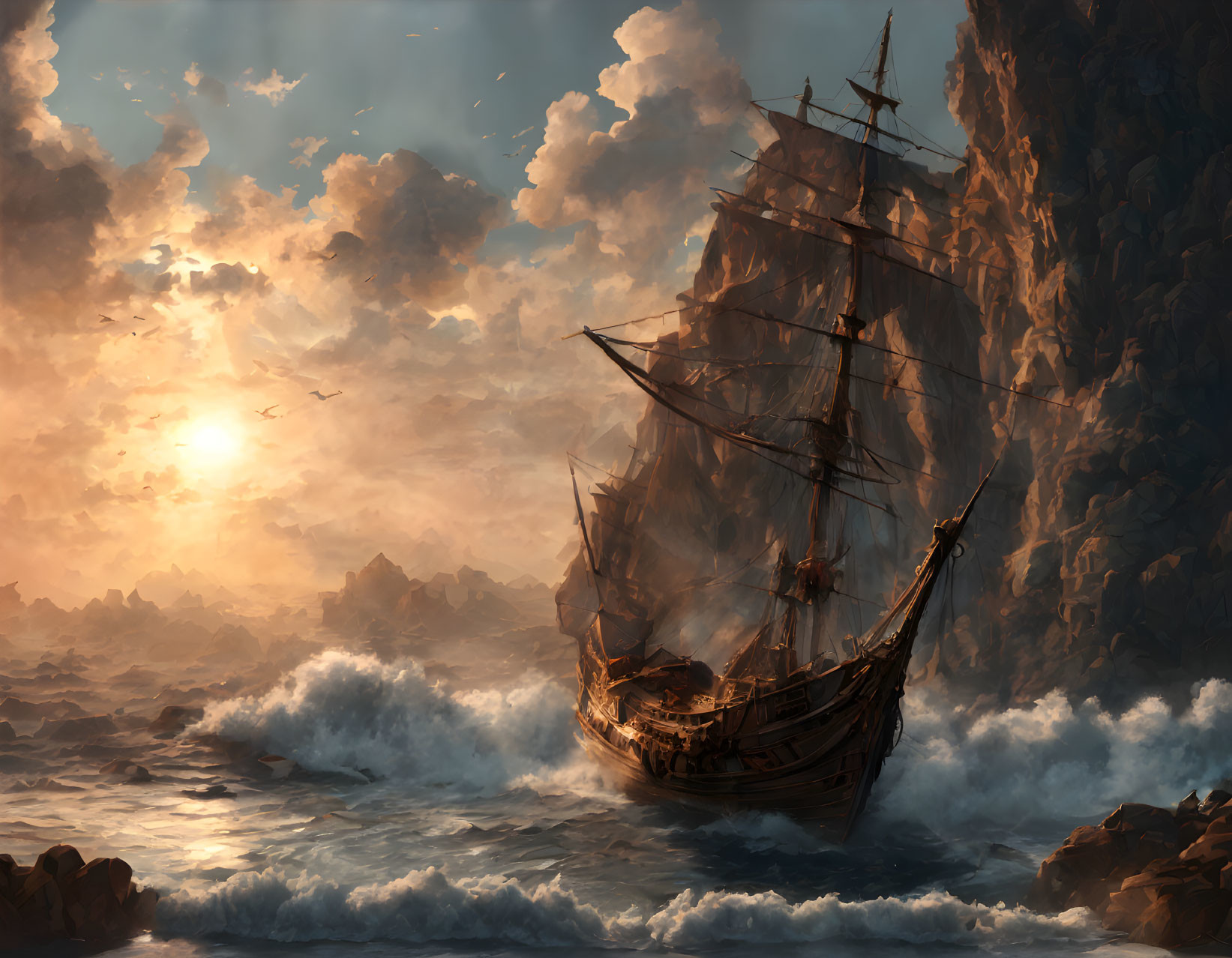 Vintage sailing ship navigating stormy seas by rocky cliffs at sunset