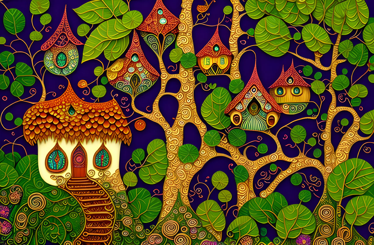 Colorful Whimsical Forest Illustration with Stylized Trees and Houses