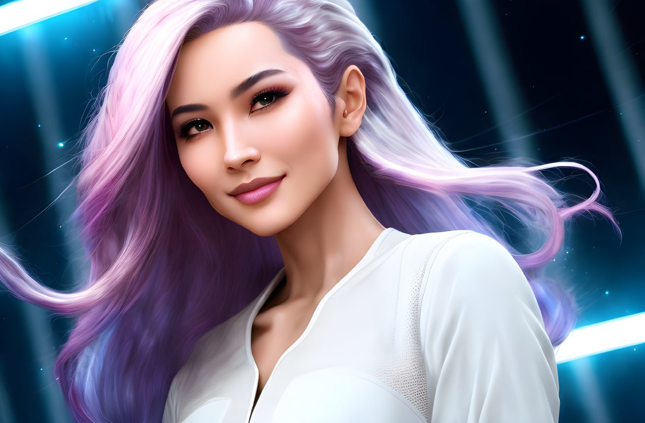 Digital portrait of woman with purple hair on blue starry backdrop