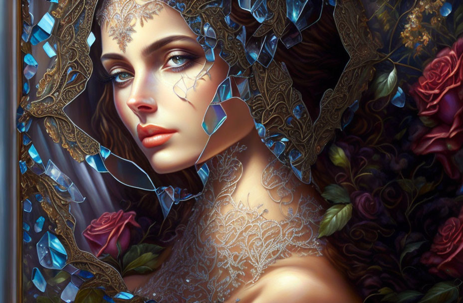 Digital artwork featuring woman with lace, roses, and crystals