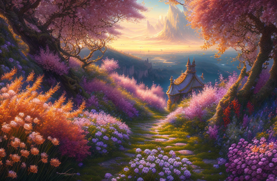 Vibrant fantasy landscape with pagoda, colorful flowers, and mystical mountains.