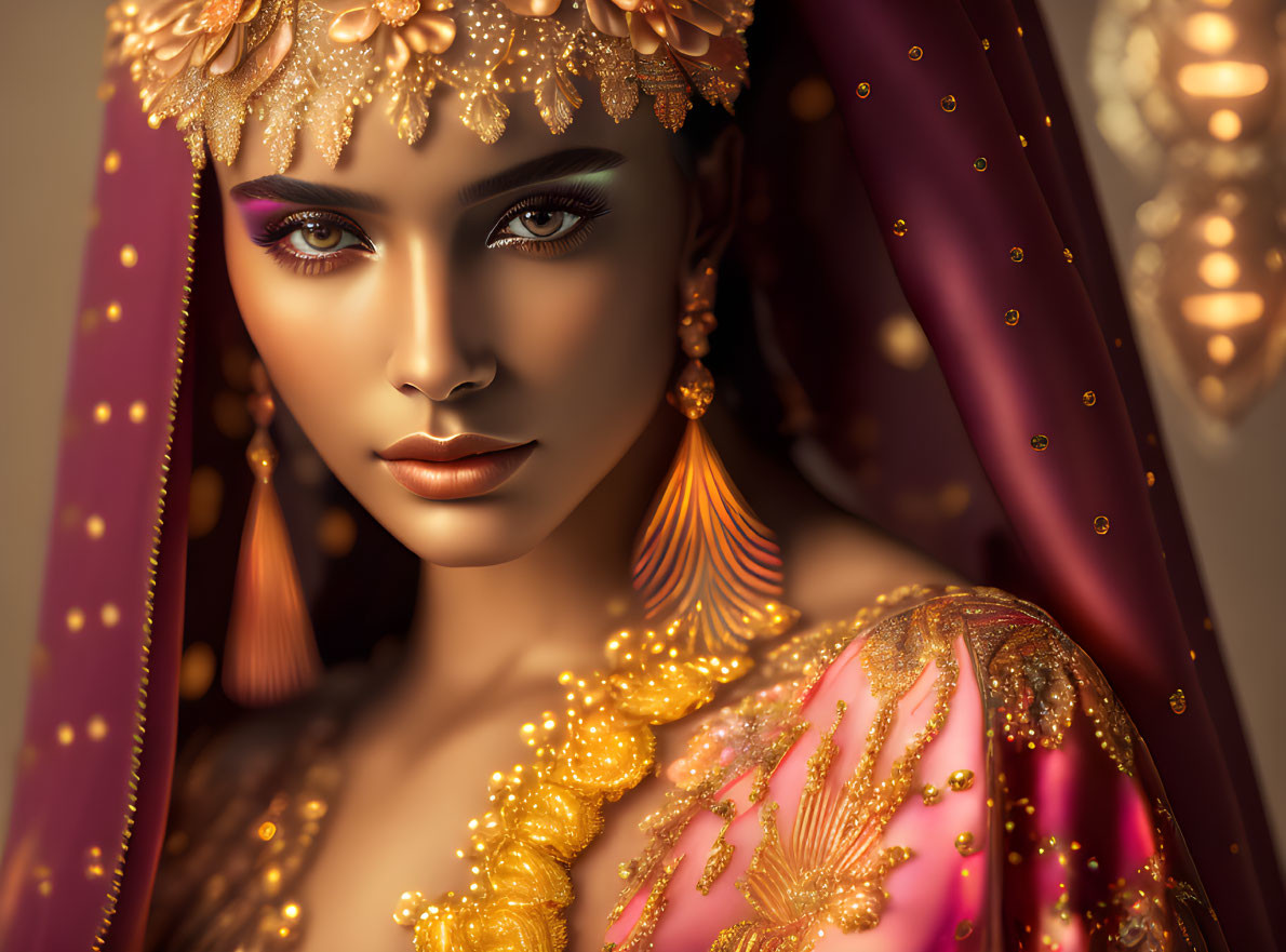 Person in Embellished Headpiece and Dramatic Makeup in Rich Maroon Garment