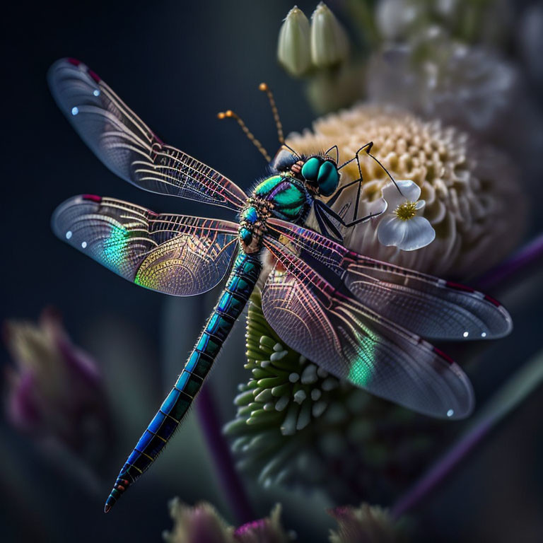 Colorful dragonfly perched on flower with iridescent wings and intricate patterns.