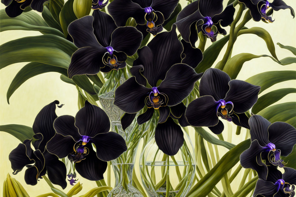 Colorful Black Orchids Illustration on Pale Green Background