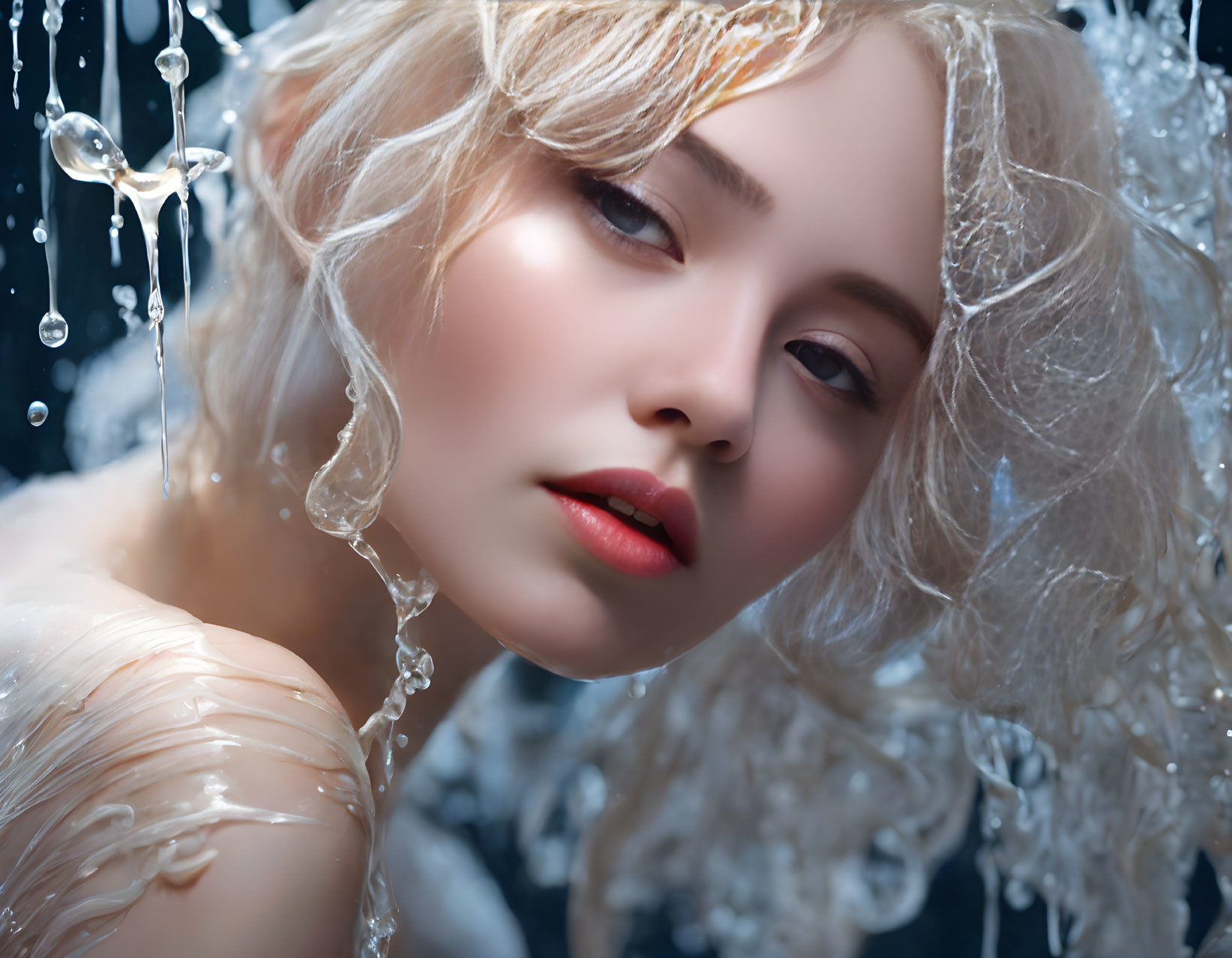 Woman with Wet Hair and Translucent Fabric Surrounded by Water Droplets