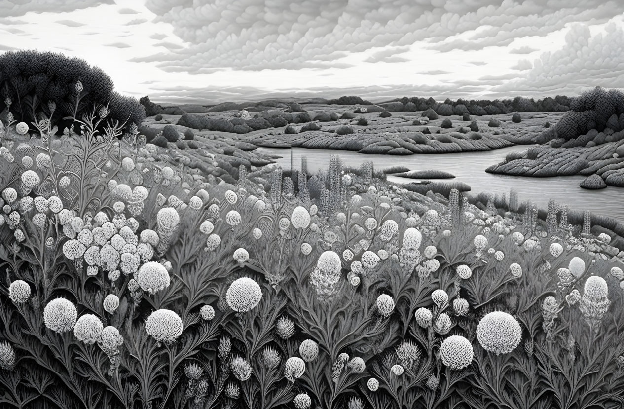 Monochrome landscape with dandelion-like flowers, hills, trees, and river