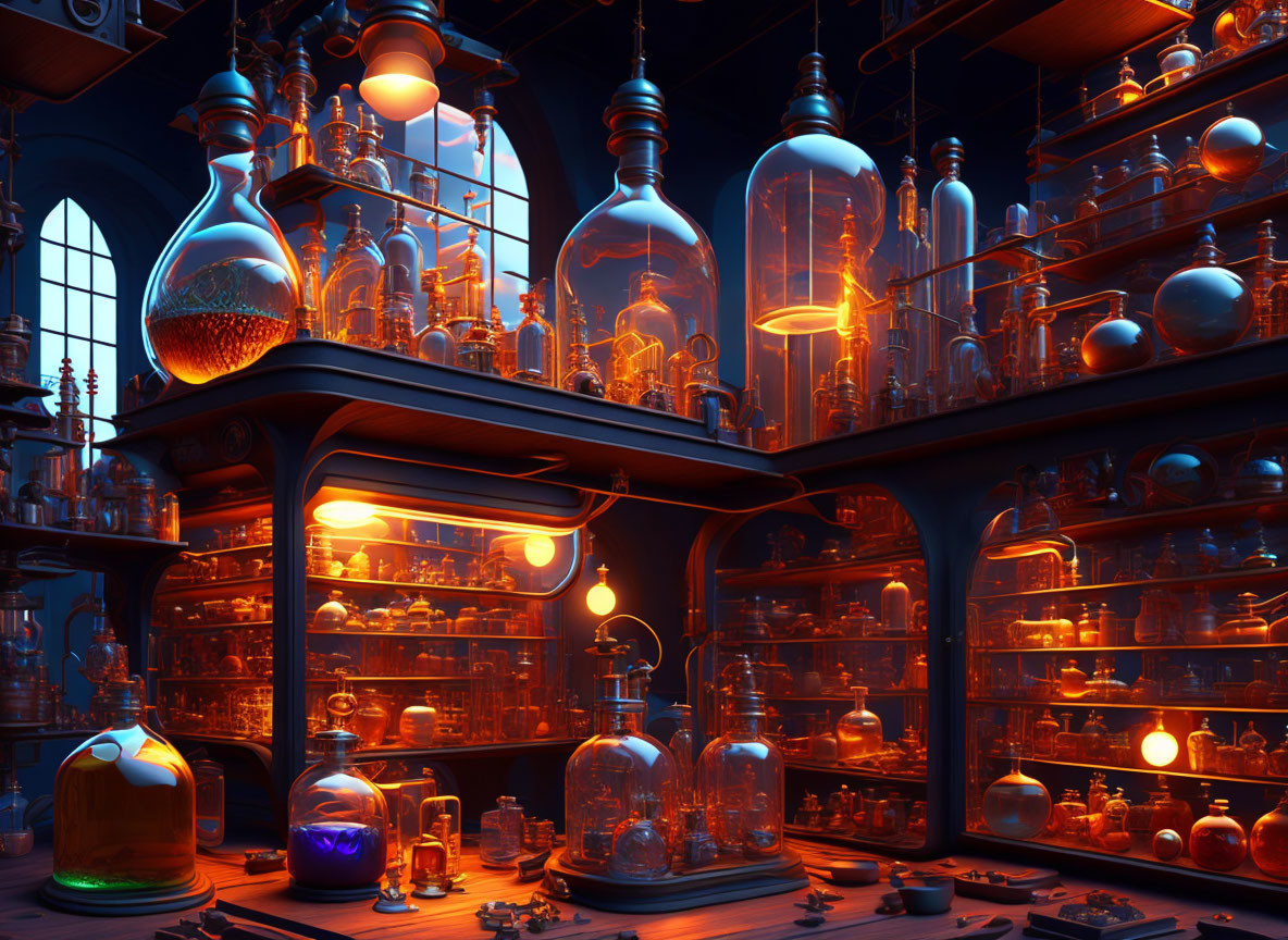 Mystical room with glowing potion-filled shelves