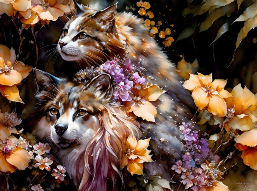 Fox Faces Blended with Floral Background in Vibrant Colors