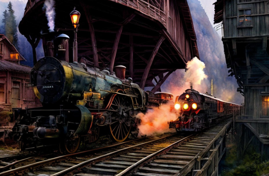 Vintage steam locomotives at dusk with billowing steam and warm lights, set against rustic wooden architecture