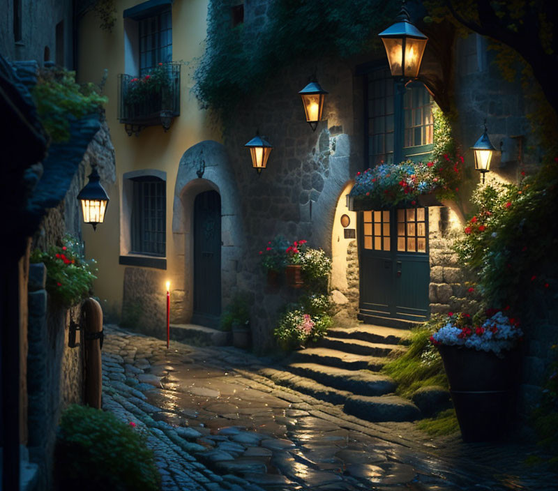 Charming cobblestone street at night with warm street lamps and colorful flower baskets