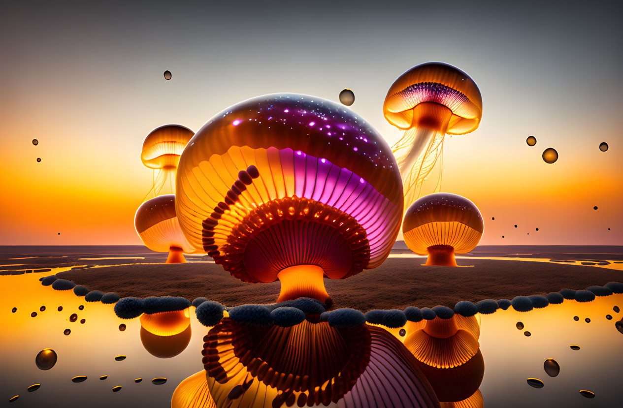 Surreal landscape: Glowing jellyfish structures, twilight sky