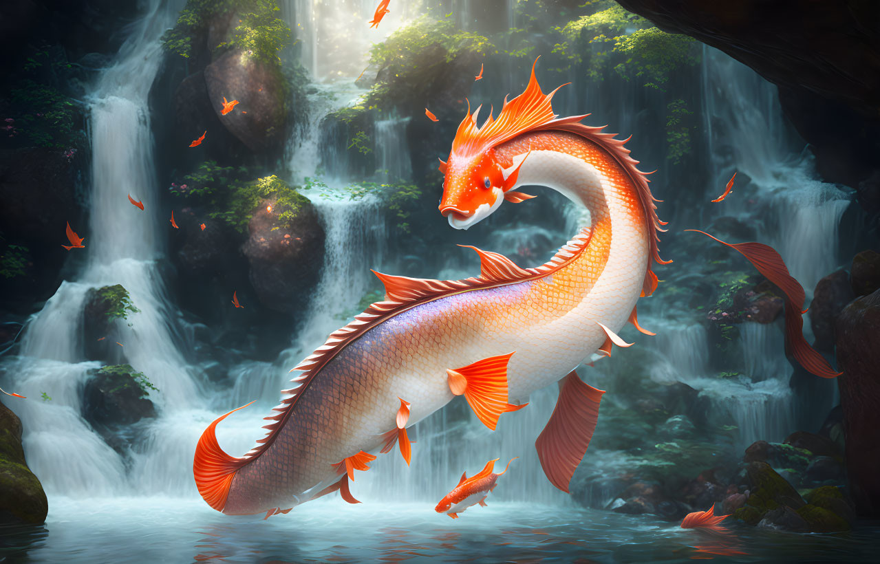 Orange Koi Fish with Dragon Features in Forest Waterfall