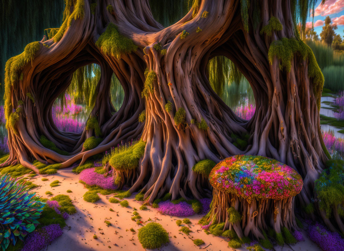 Whimsical fantasy landscape with colorful flora and hollow tree