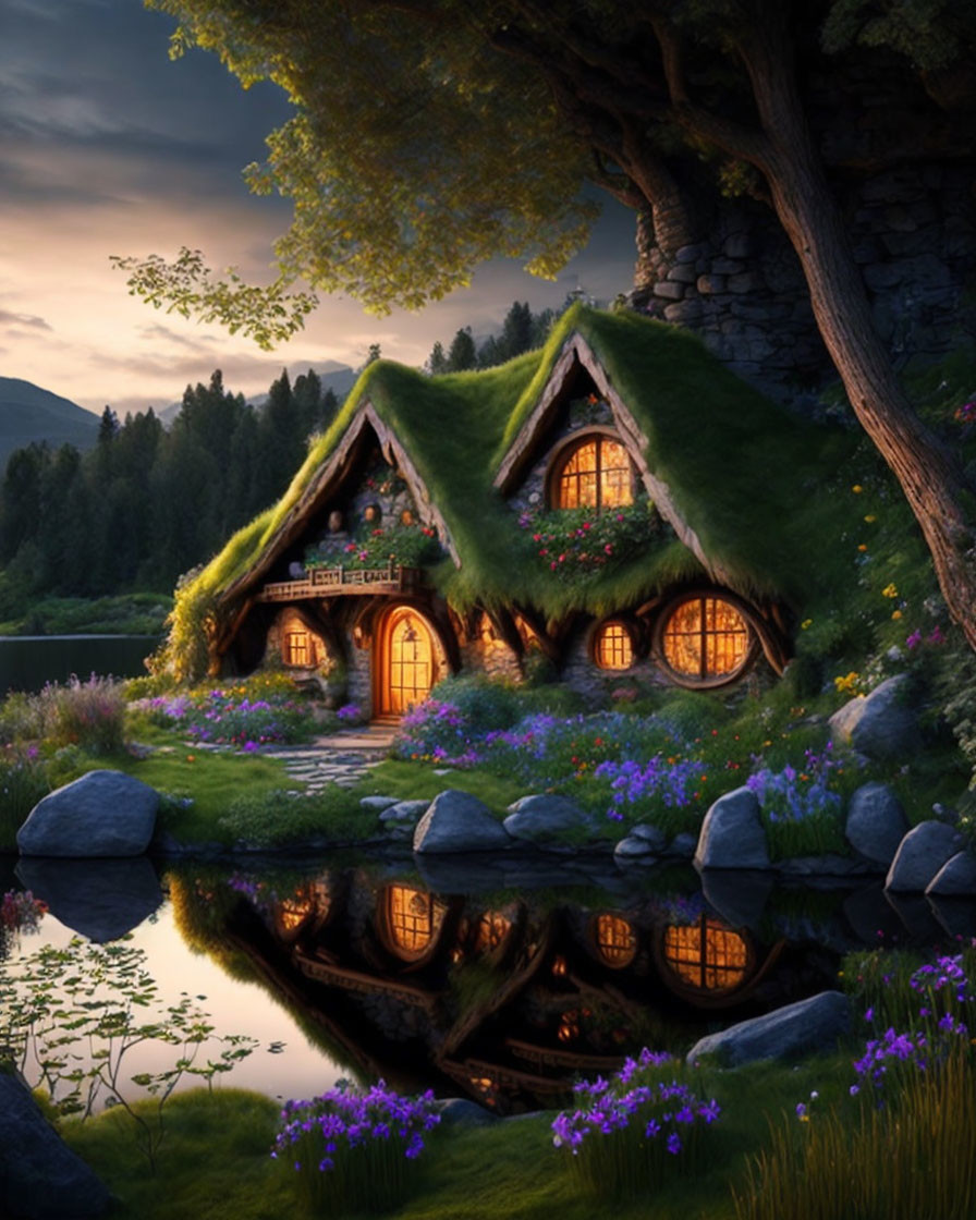 Twilight fairy-tale cottage by tranquil pond at dusk