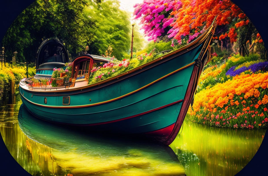 Colorful Scene: Green Boat with Flowers on Calm Waters