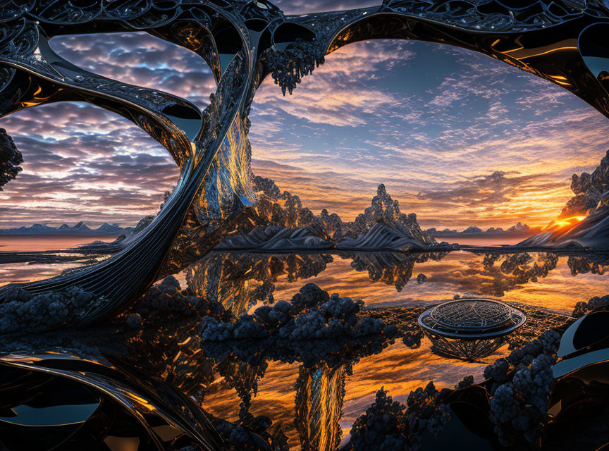 Fractal patterns in surreal sunset landscape with reflective water.