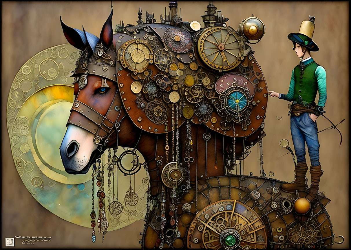 Victorian man with steampunk mechanical horse and gears