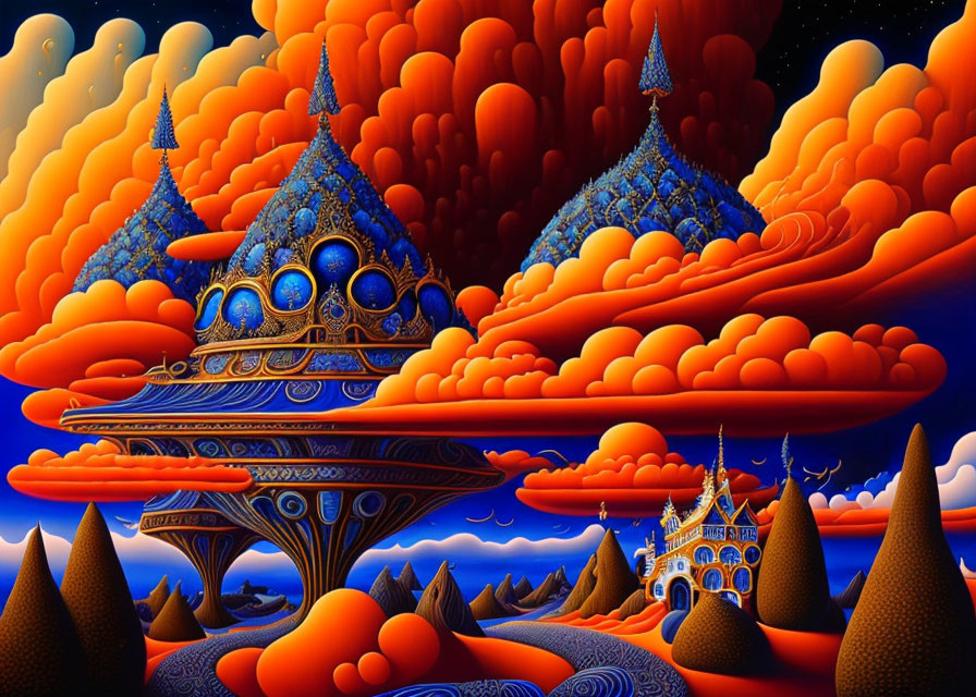 Surreal landscape with futuristic buildings, floating islands, orange clouds