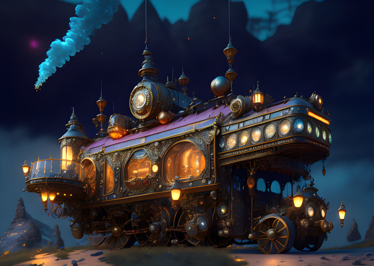 Steampunk-style vehicle with ornate details under night sky with comet.