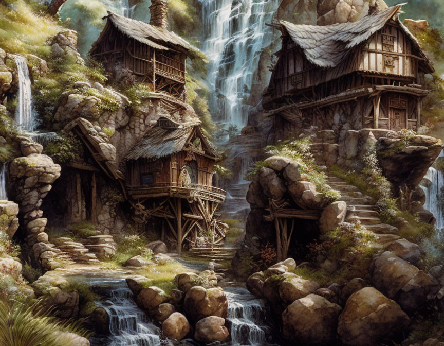 Rustic wooden houses by cascading waterfall in fantasy scene