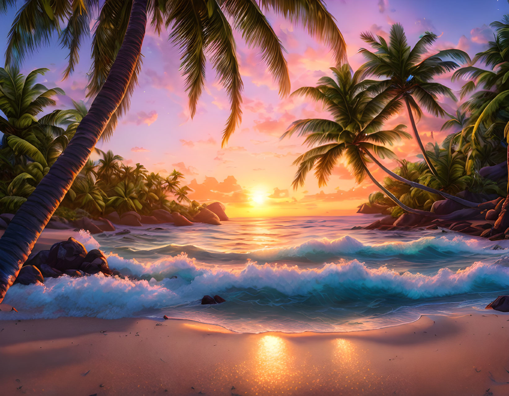 Tropical beach sunset with palm trees, gentle waves, and vibrant sky