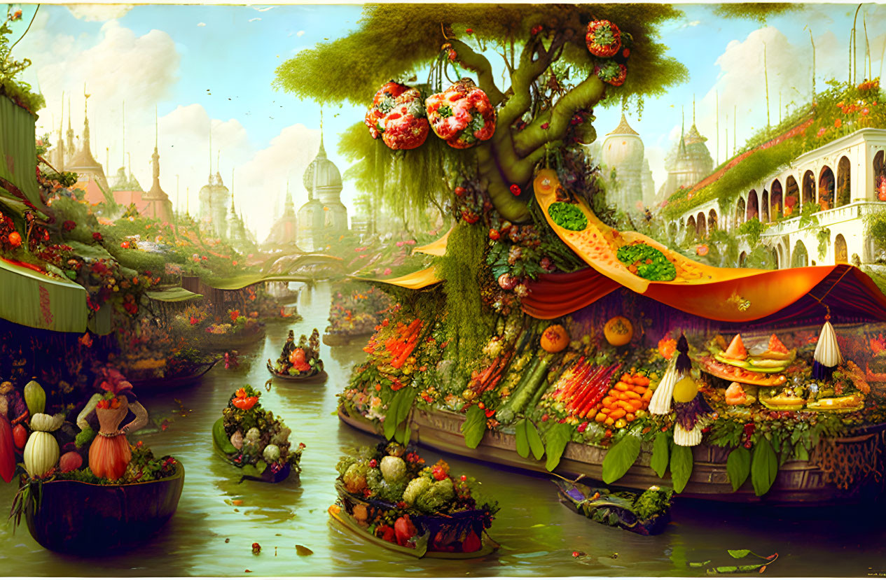 Colorful marketplace with fruit-laden boats, lush greenery, and exotic architecture.