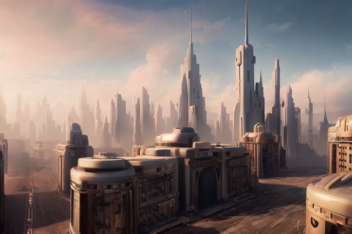 Futuristic cityscape with towering skyscrapers in warm sunlight