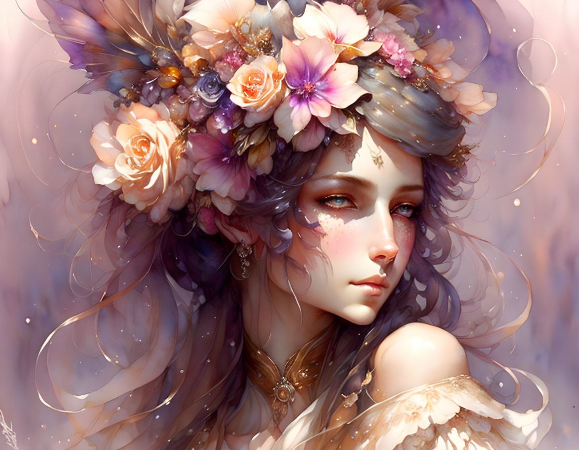 Illustration: Woman with flower crown, wavy hair, delicate features, dreamy ambiance