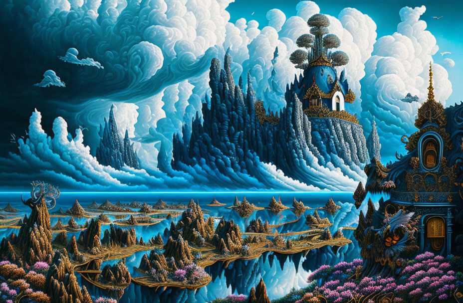 Detailed surreal landscape painting: whimsical trees, fantastical architecture, dynamic sky.