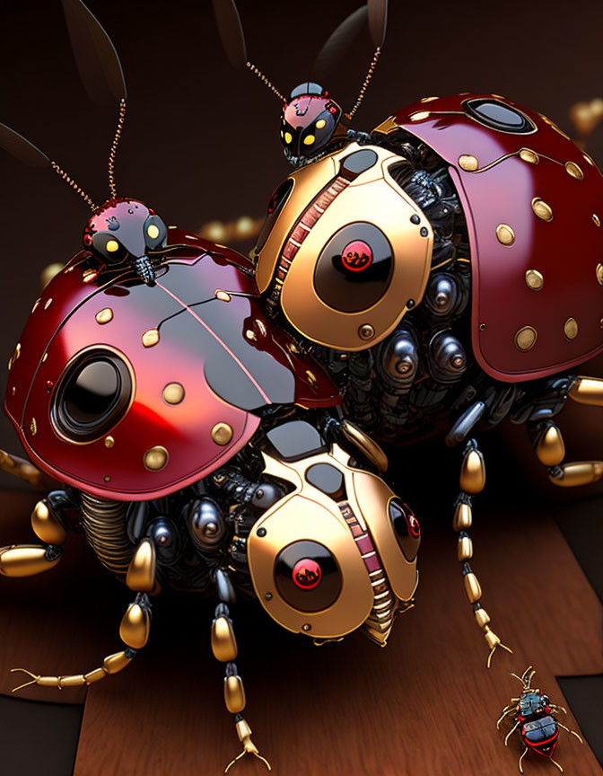 Three Glossy Metallic Ladybug-Themed Robots on Dark Background