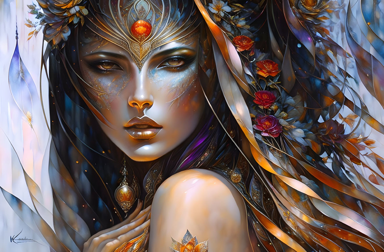 Fantasy painting of a woman with jewel-toned makeup and ornate accessories