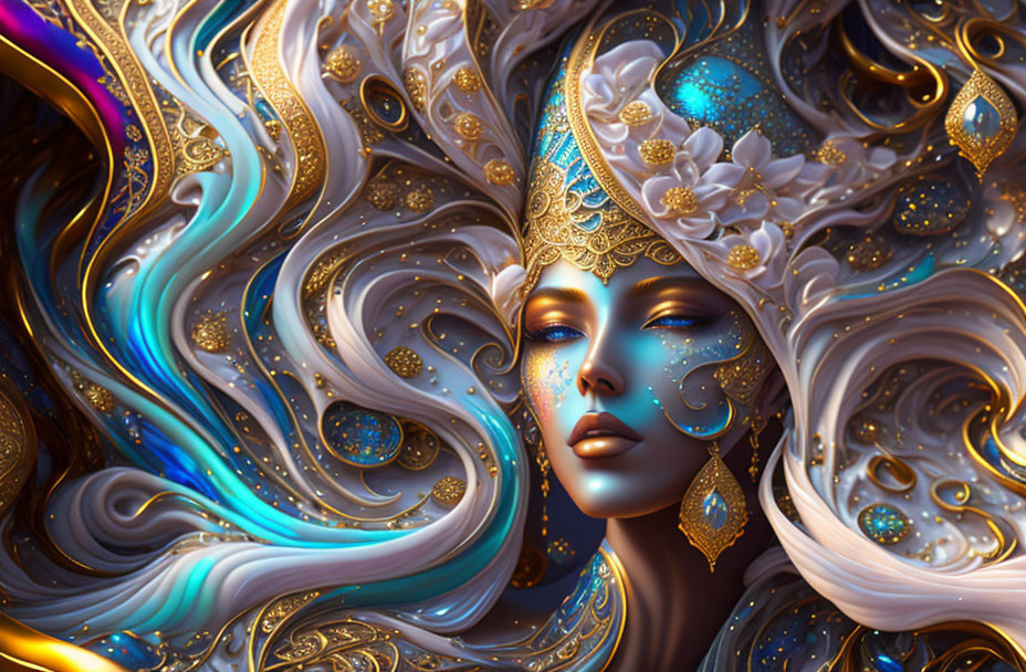 Digital Artwork: Woman with Golden Accessories and Ethereal Blue Patterns