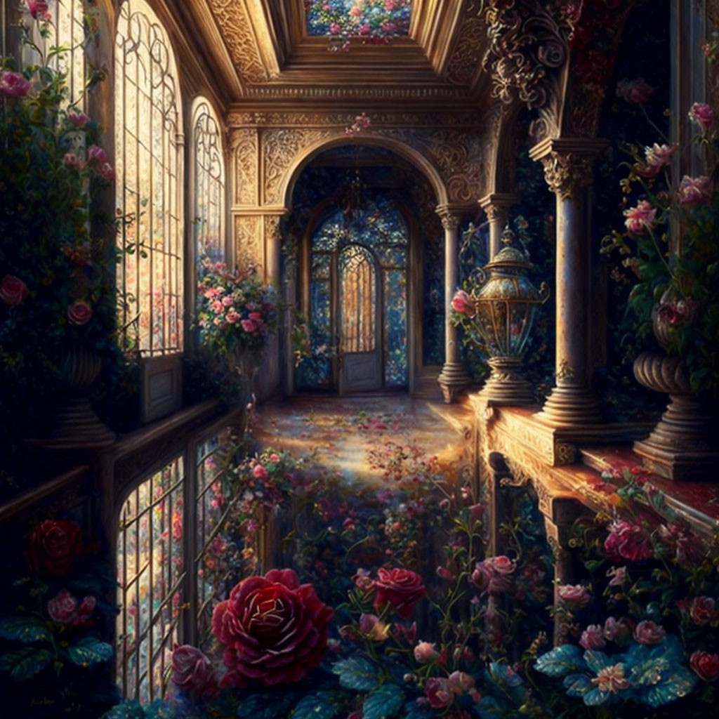 Ornate Corridor with Roses and Stained-Glass Door