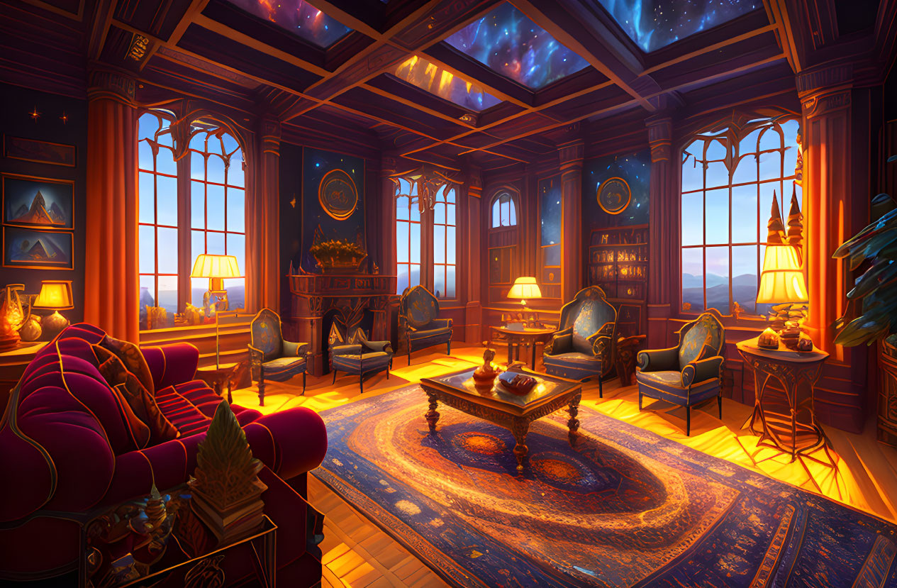 Cozy, Warm-Lit Study with Celestial Decor & Wooden Bookshelves